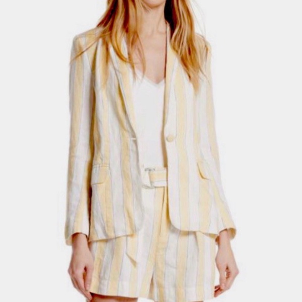 Fashion Nova Woven Striped Linen-Blend Blazer in Yellow and White Small